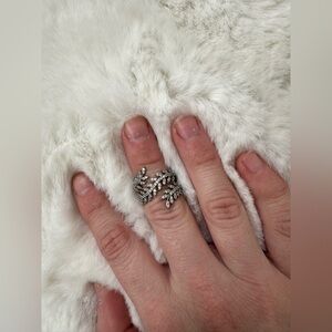 Francesca's Collections Silver Leaf Wrap Ring with Clear Stones